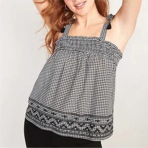 Old Navy Black and White Gingham Plaid Tie Shoulder Embroidered Hem Tank | Large